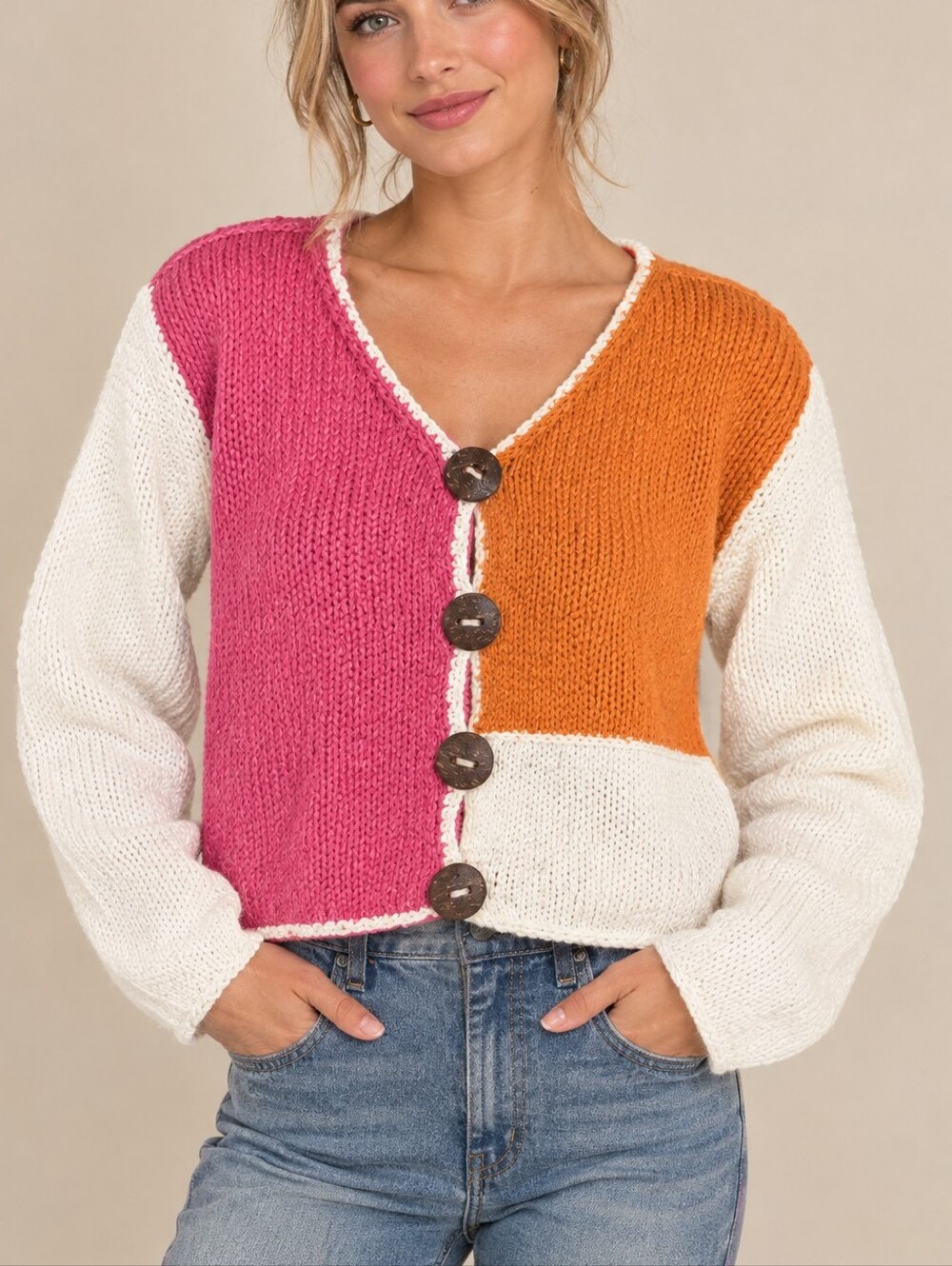 Pure Handknit Anthropologie Colorblock Sweater Cardigan Handmade Shell Buttons S